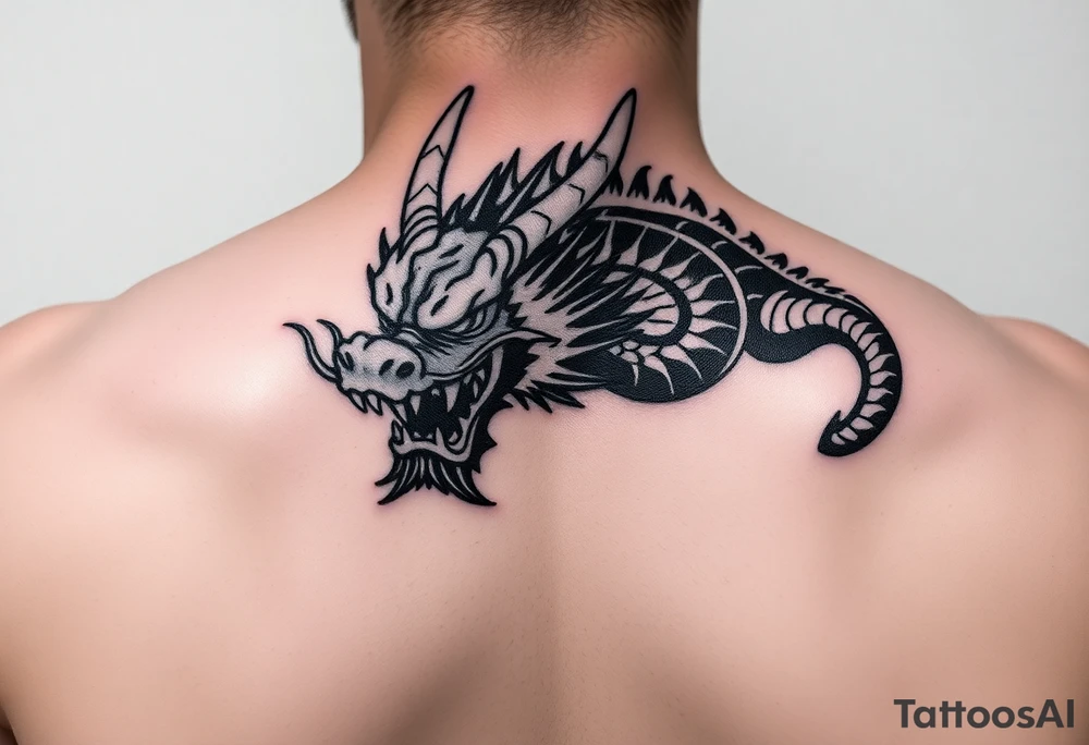 Tatuaje en espalda completa solo de la cabeza de un dragón demonio japones sin cuerpo tattoo idea