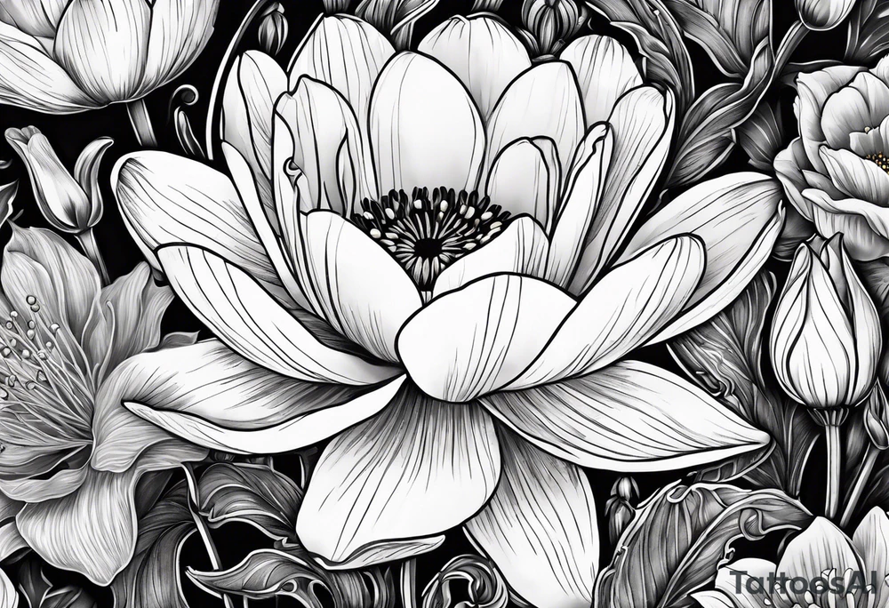 Poppy, water lily, Lily of the valley, daffodil, cosmo, rose, daisy flower bouquet, portrait style tattoo idea