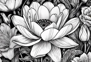 Poppy, water lily, Lily of the valley, daffodil, cosmo, rose, daisy flower bouquet, portrait style tattoo idea