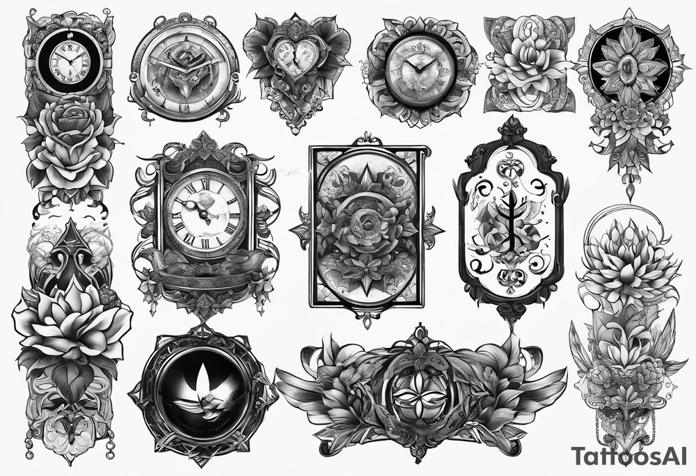 sleeve tattoo to contain the symbols family , love, health, time, money , happines tattoo idea
