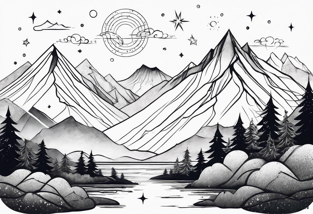 Simple constellation lines over mountain range tattoo idea