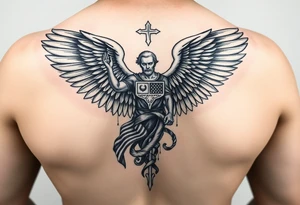 full arm sleeve tattoo of saint michael. Include usa flag and army stuff. tattoo idea