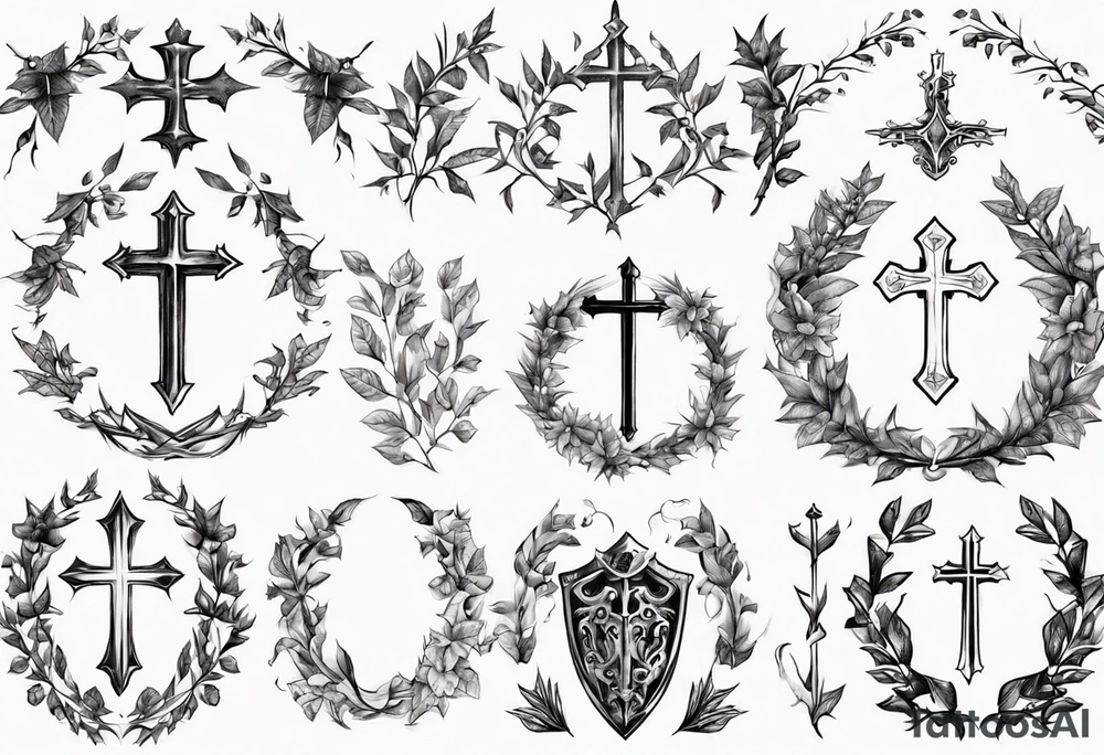 Knight wreath leaves cross tattoo idea