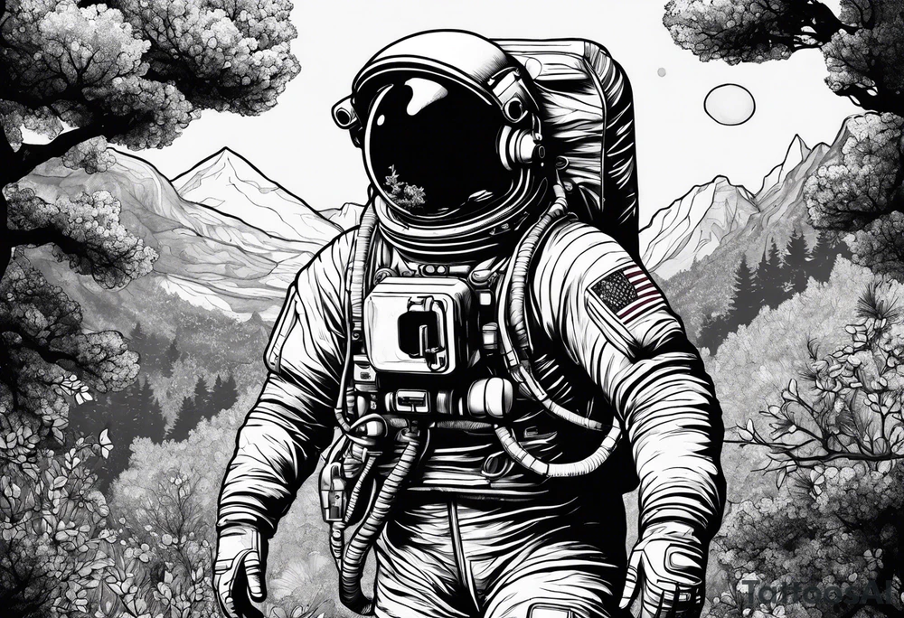 Astronaut floating through nature tattoo idea