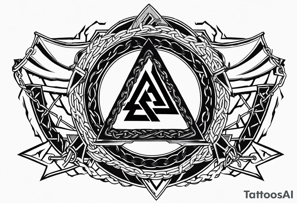 Valhalla  sword shield axe barbed wire chains valknut tattoo idea