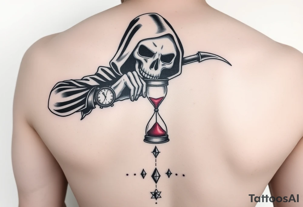 Simple grim reaper looking at a watch on his wrist with a hourglass with red sand and diamond geometric shapes for the thigh tattoo idea
