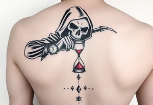 Simple grim reaper looking at a watch on his wrist with a hourglass with red sand and diamond geometric shapes for the thigh tattoo idea