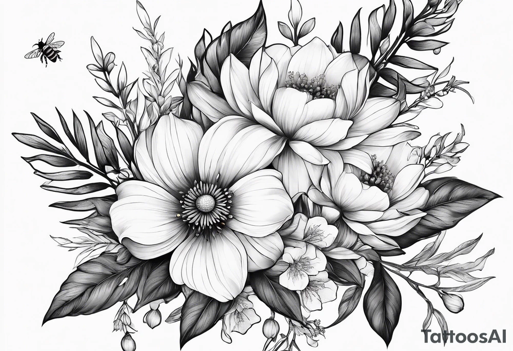Arm wrap floral dainty soft leaves with bee dragonflower, lavender tattoo idea