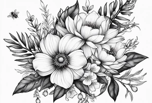 Arm wrap floral dainty soft leaves with bee dragonflower, lavender tattoo idea