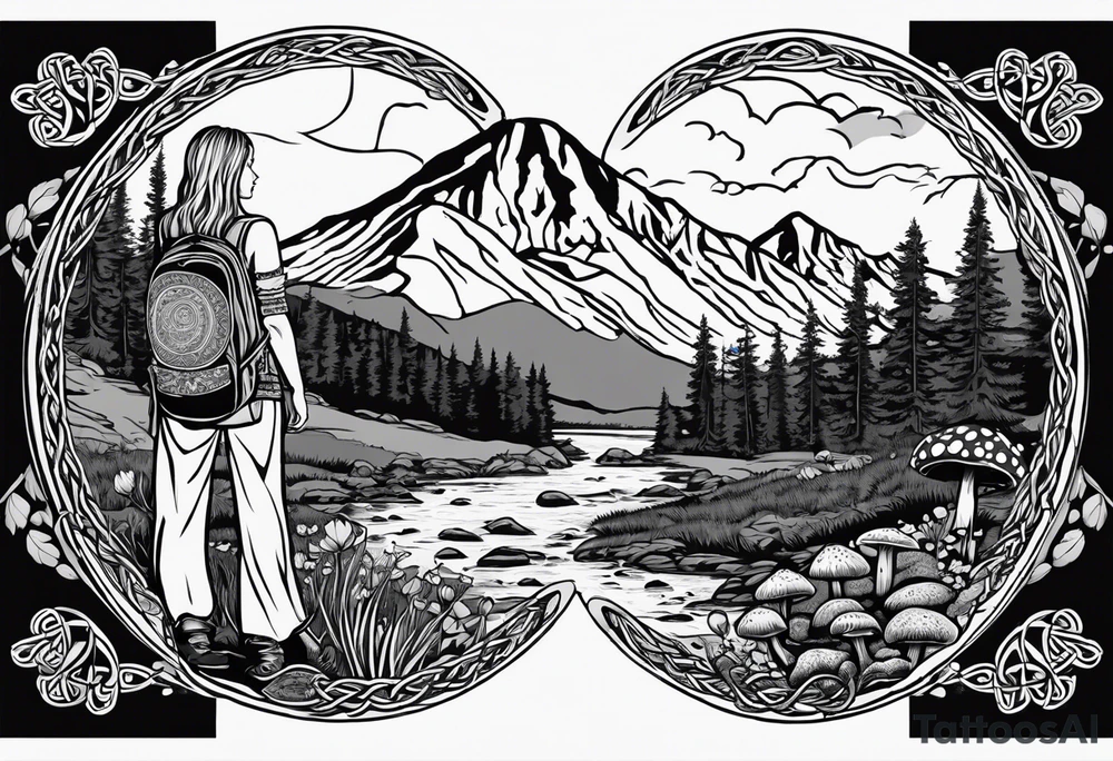 Whole picture encircled fully

Straight long blonde hair hippie girl in distance holding mushrooms in hand facing away toward mountains and creek surrounded by mushrooms long sleeve shirt and hiking pants; whole rendering within a full celtic circle border, no cut off circle tattoo idea