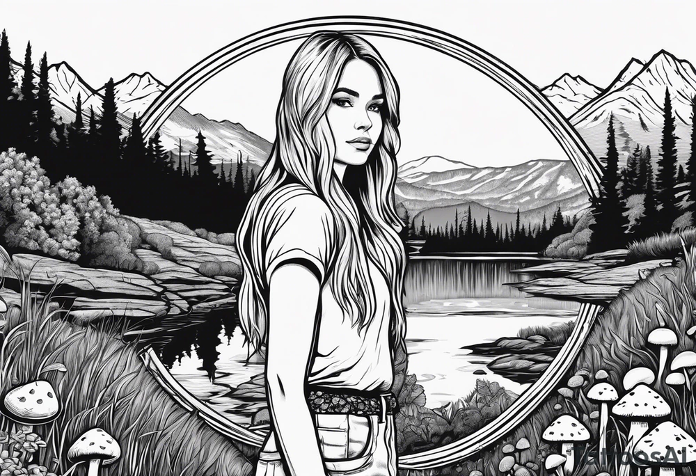 Whole picture encircled fully

Straight long blonde hair hippie girl in distance holding mushrooms in hand facing away toward mountains and creek surrounded by mushrooms tee shirt and hiking pants; whole rendering within a full circle, no cut off circle tattoo idea