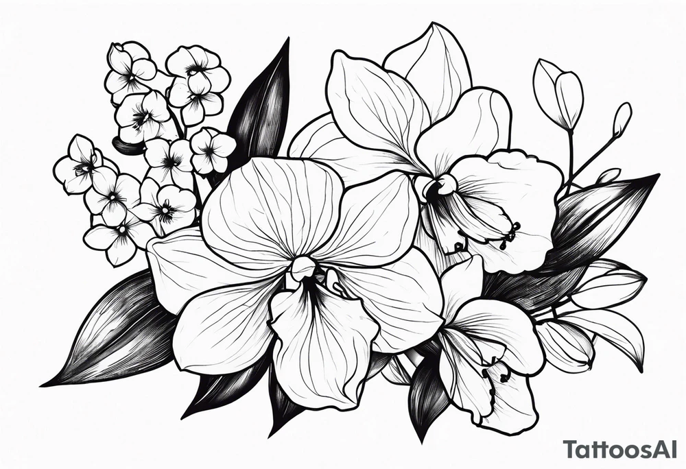 2 inch bouquet with hydrangeas and orchids tattoo idea