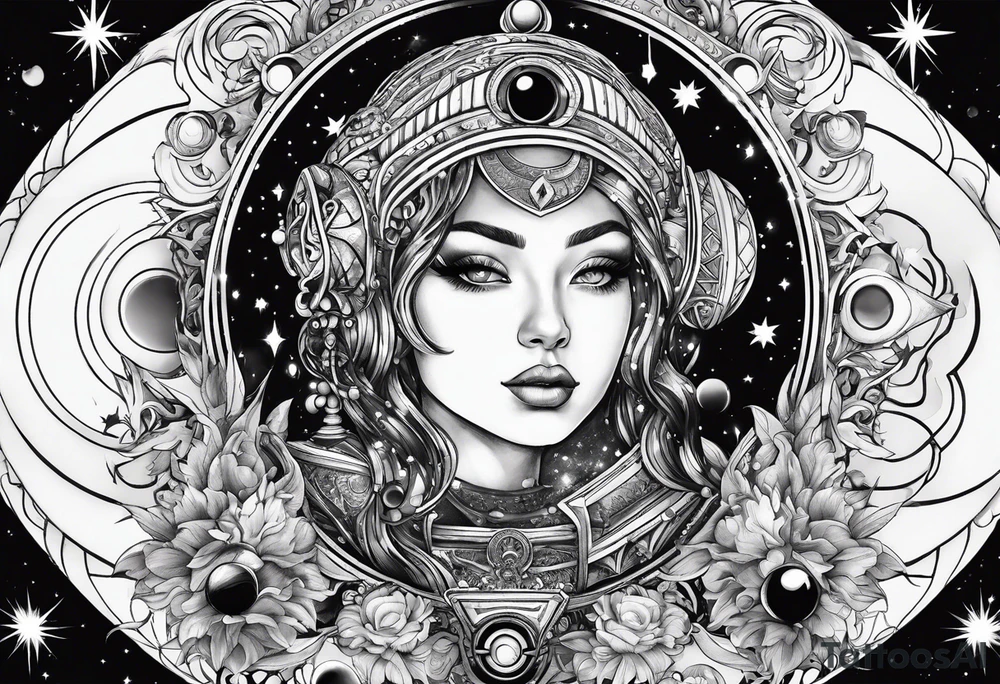 A tekno raver whose face is a mirror reflecting a cosmic scene with planets, black holes, and supernovae. tattoo idea