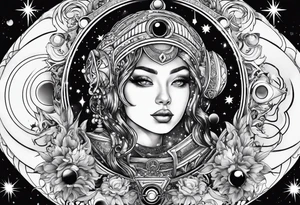 A tekno raver whose face is a mirror reflecting a cosmic scene with planets, black holes, and supernovae. tattoo idea