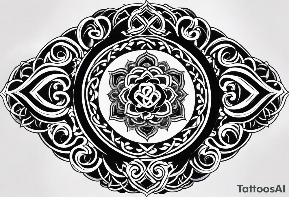 Full left arm tattoo. Below the elbow all black. In the bícep a buddhist endless knot. In the trícep a face of Buddha, half man half skull. On the shoulder a Lotus. Through the arm a kundalini snake, aerial view. As the snake enters the black part below the elbow snake in white. The head terminares near the wrist. Below the word dukkha in sanskrit tattoo idea