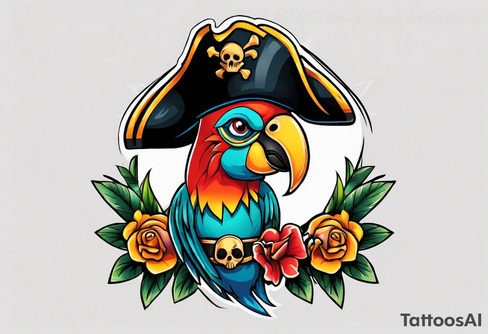 a chest tattoo of a traditionally colored parrot with a pirate hat tattoo idea