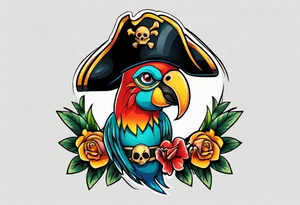 a chest tattoo of a traditionally colored parrot with a pirate hat tattoo idea
