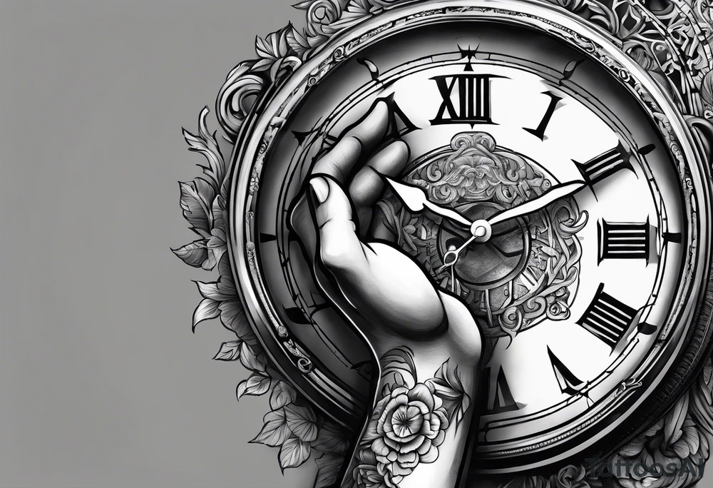 Left hand holding a clock that says God’s Timing tattoo idea