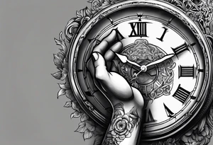 Left hand holding a clock that says God’s Timing tattoo idea