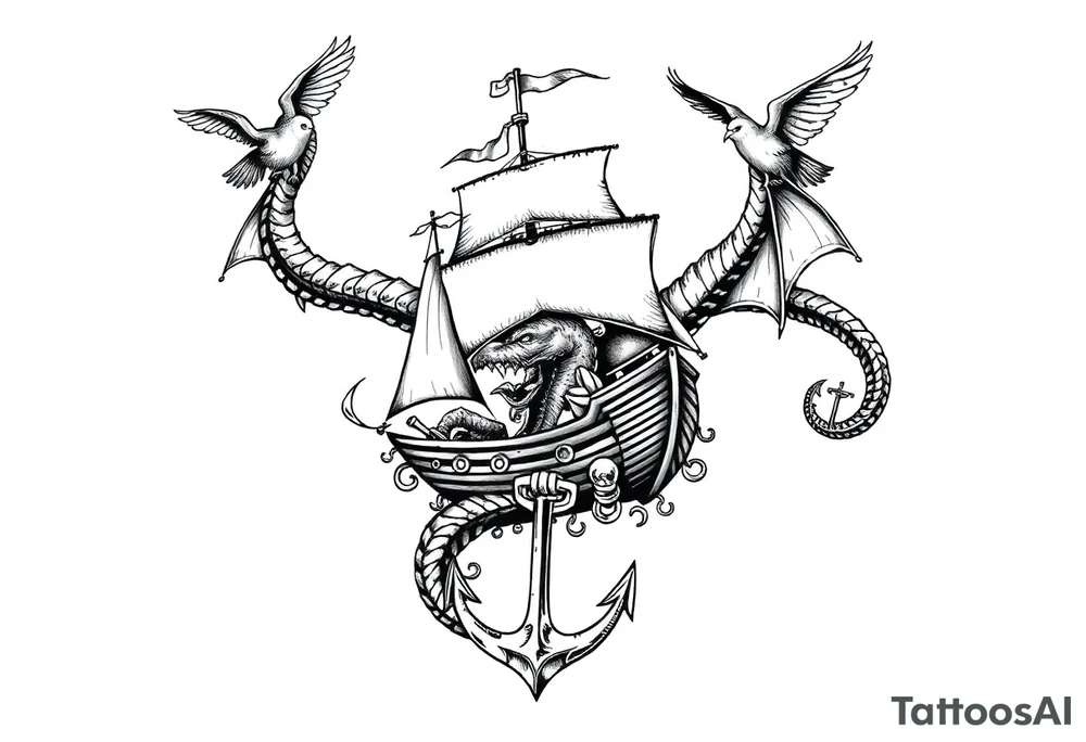 kraken, ship, sailor, anchor, sea, bird concept art tattoo idea