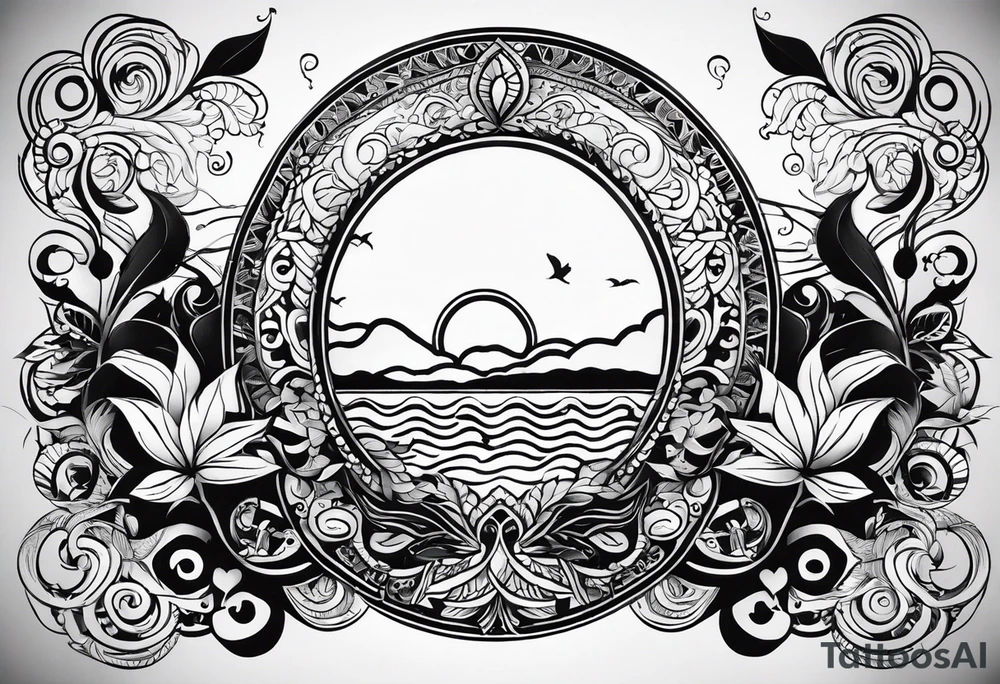Tatouage ornement noir et blanc. les kangourous et la vie, un soleil, des vagues. Ainsi que  des feuilles provenant d’Australie et de  Bali. Lignes très fines. tattoo idea
