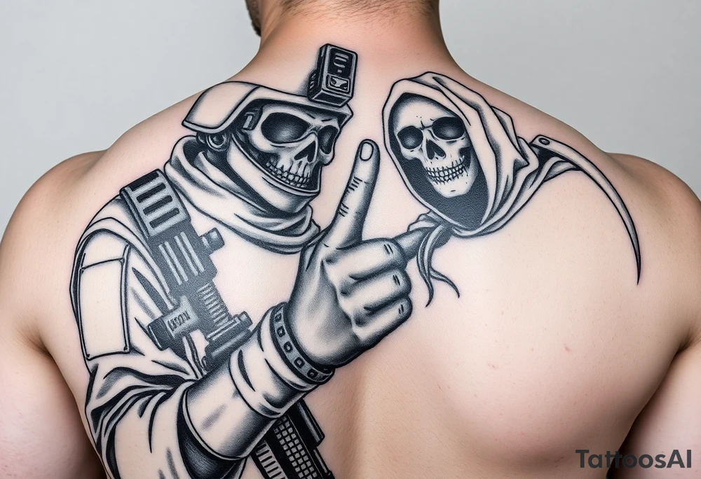 Special forces combat medic treating a soldier while he puts his middle finger up at the grim reaper tattoo idea