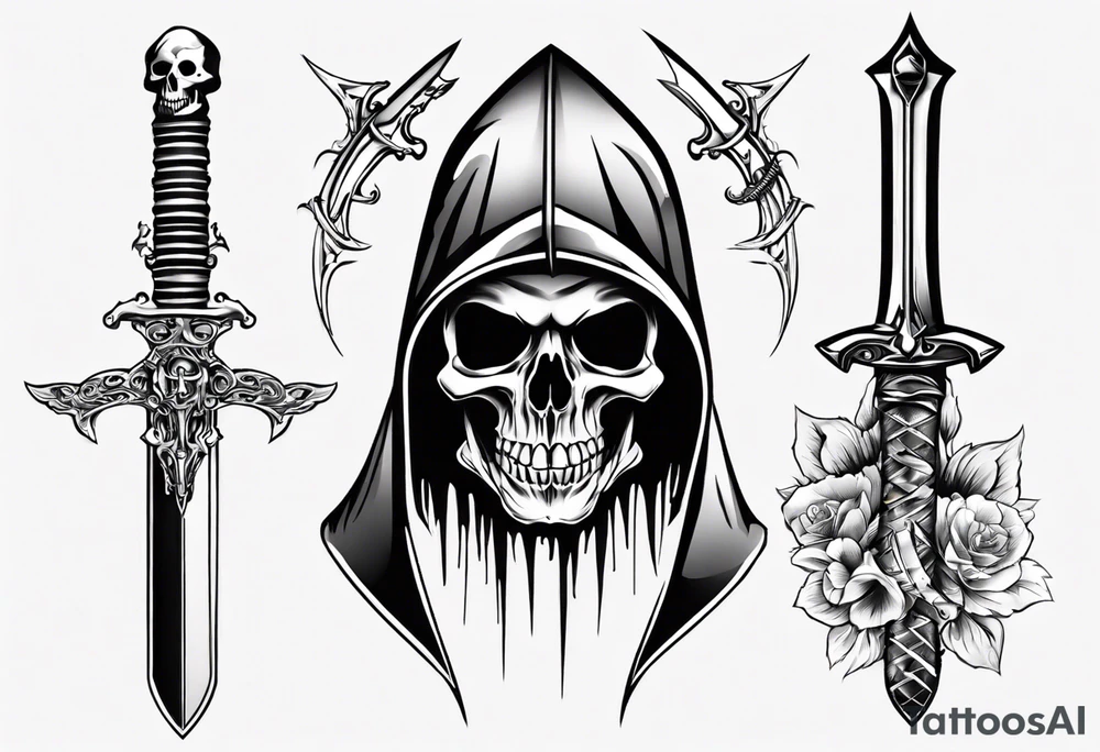 hooded skull sword tattoo idea