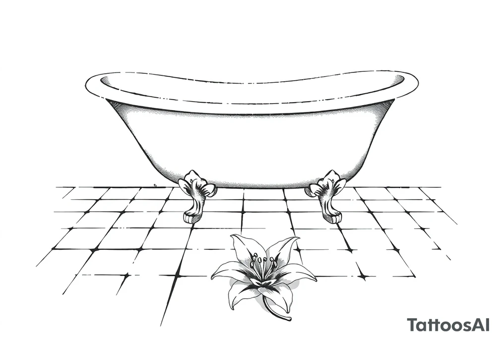 Clawfoot bathtub on tile floor with lily coming up from floor tattoo idea