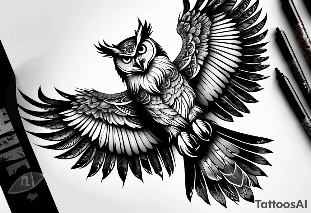 Owl with wings open and Libra scale on its claws tattoo idea