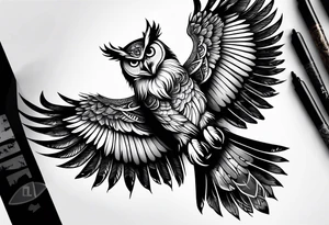 Owl with wings open and Libra scale on its claws tattoo idea