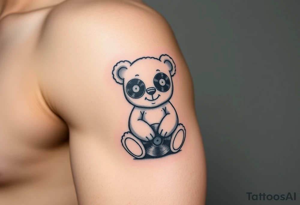 minimalist teddy bear with vinyl records as eyes smiling and sitting on a record tattoo idea