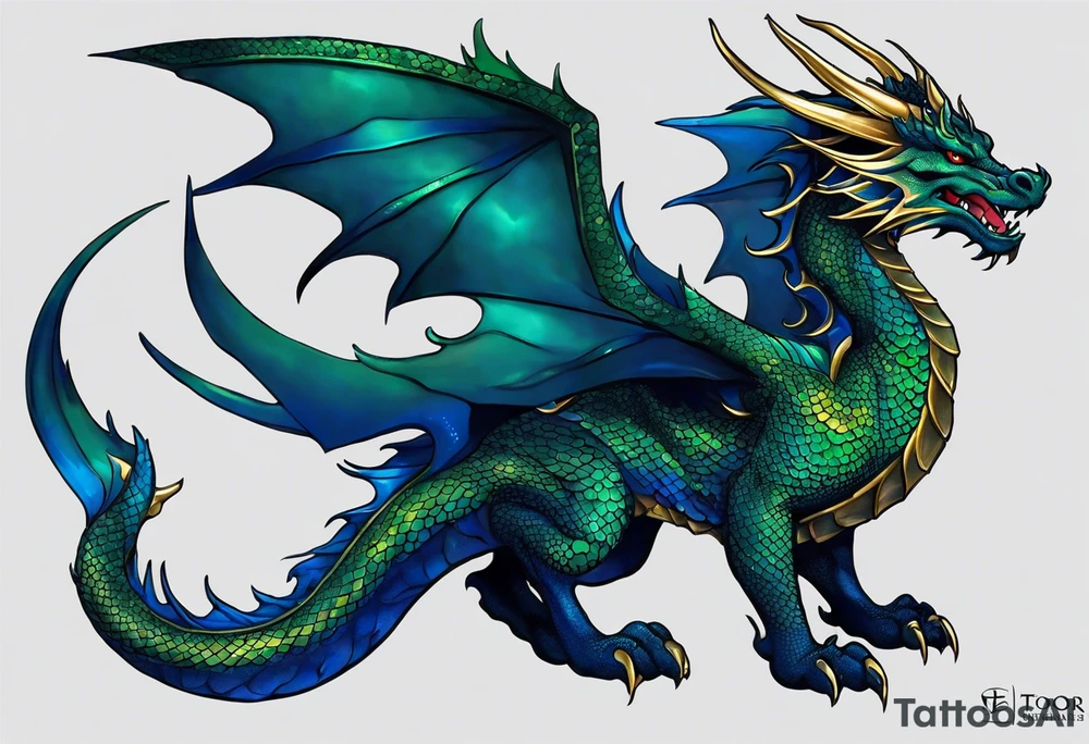 An epic with no wings floating. Its body coiling dynamically, with scales and horns detailed to create a sense of movement and strength. The dragon's main color is dark blue but features accents in green, blue, and gold, giving a vibrant depth and a mystical aura. This tattoo highlights the dragon’s fierce expression and sharp claws as it wraps protectively around the leg. Style: Realism tattoo idea