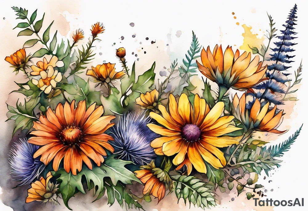 mixed wildflower cascading with thistles, ferns, burnt orange white and yello flowers all in watercolor tattoo idea