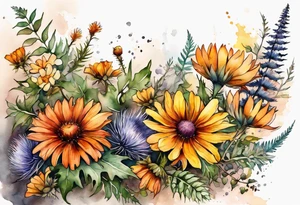 mixed wildflower cascading with thistles, ferns, burnt orange white and yello flowers all in watercolor tattoo idea