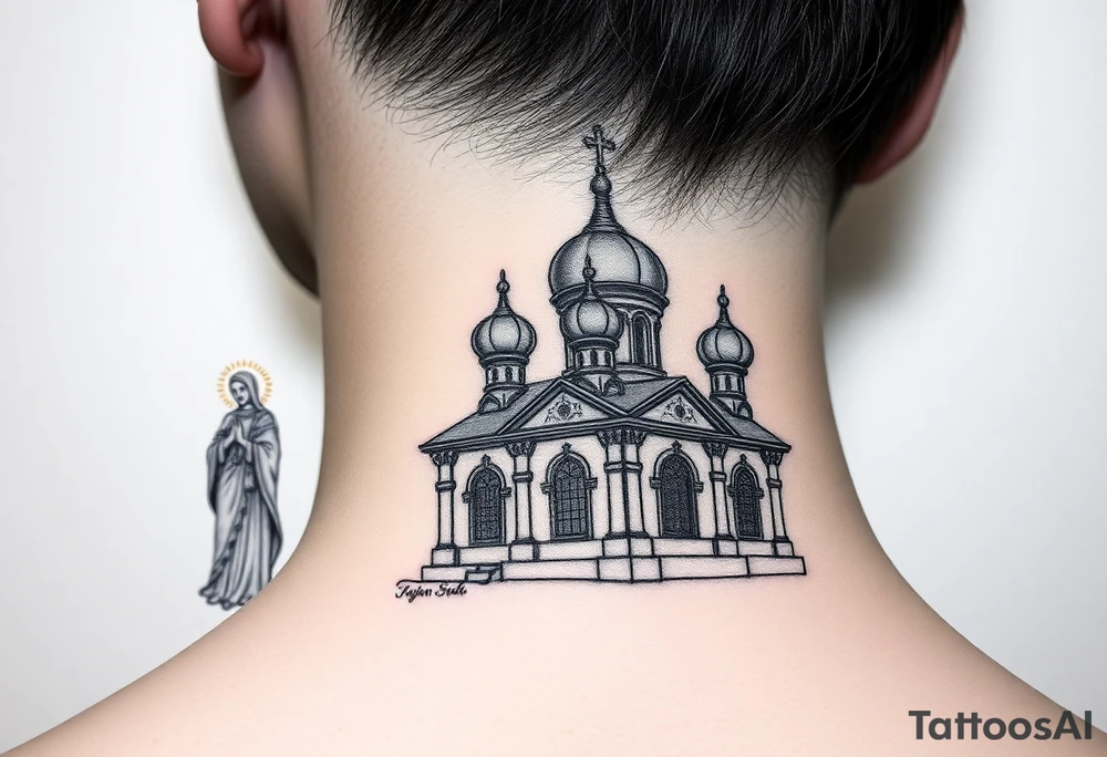 medium sized Russian orthodox church with bulb domes with a prominent russian orthodox style virgin mary stood outside to the left tattoo idea