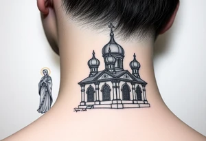 medium sized Russian orthodox church with bulb domes with a prominent russian orthodox style virgin mary stood outside to the left tattoo idea