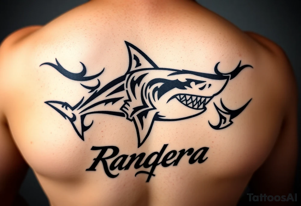 hammer head shark with Rangiroa text on the back tattoo idea