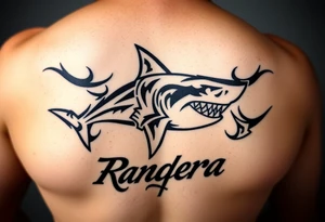 hammer head shark with Rangiroa text on the back tattoo idea