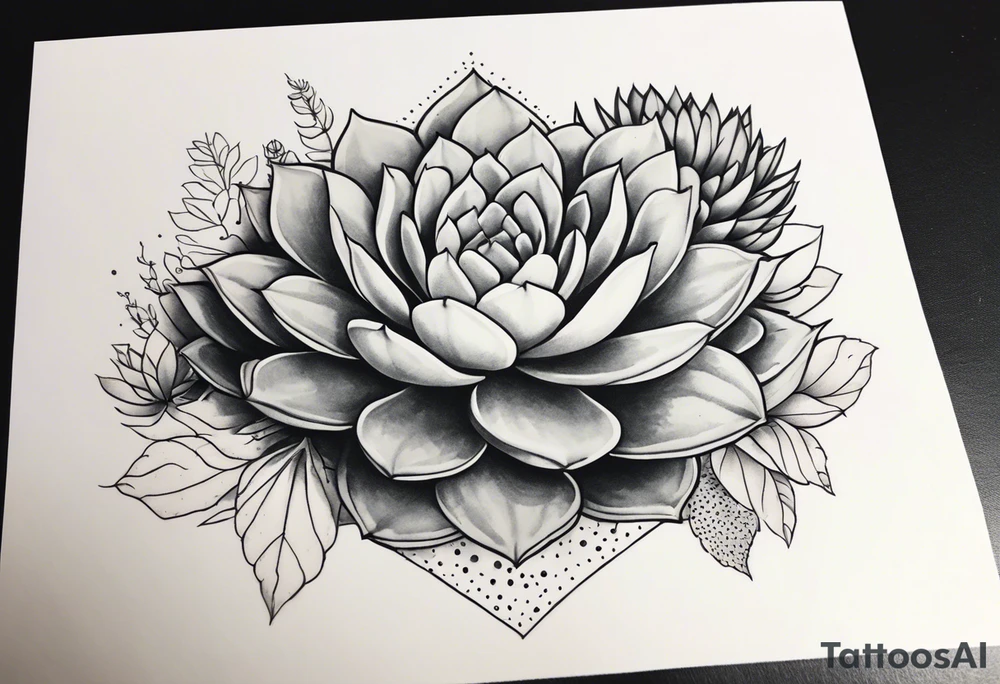 fine line. one big succulent in the middle. One smaller succulents on each side. Dots and floral
. Sternum tattoo grey scale shading tattoo idea