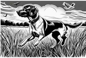 A bird dog chasing a dove in a grassy field tattoo idea