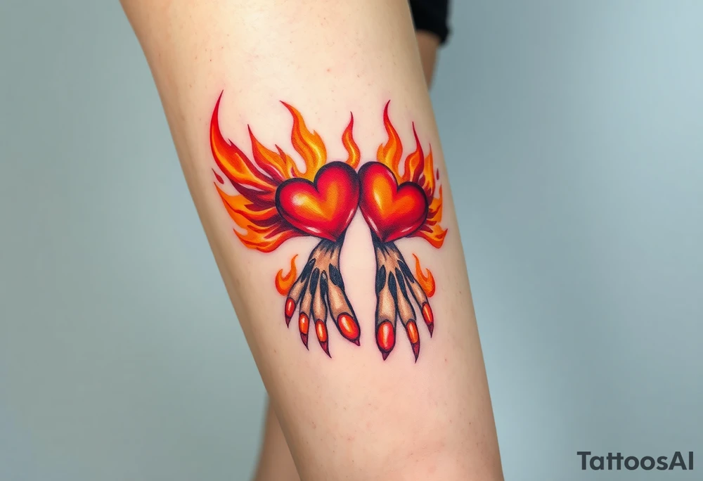 A fiery bird feet print with hearts engulfed in flames, using shades of red, orange, and yellow, symbolizing passion and energy tattoo idea