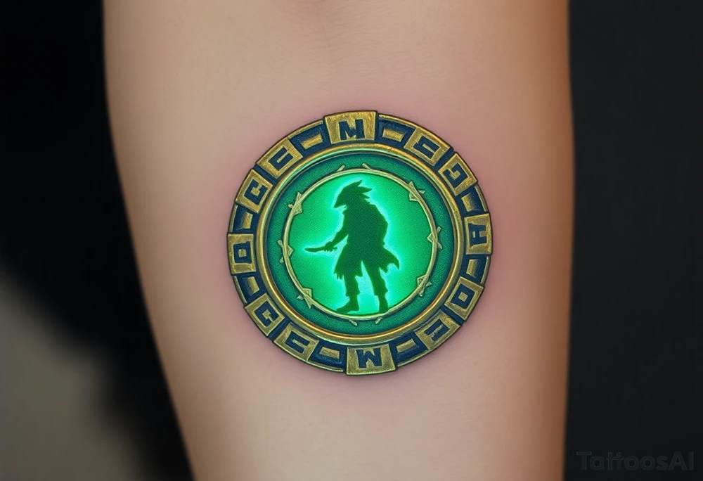 A golden medallion from the cursed Aztec treasure, glowing with eerie green energy, with Jack Sparrow’s silhouette reflected in its surface tattoo idea
