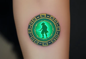 A golden medallion from the cursed Aztec treasure, glowing with eerie green energy, with Jack Sparrow’s silhouette reflected in its surface tattoo idea