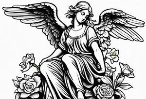 Simple Angel statue stood on a rock with daffodils and roses wrapped around its legs tattoo idea