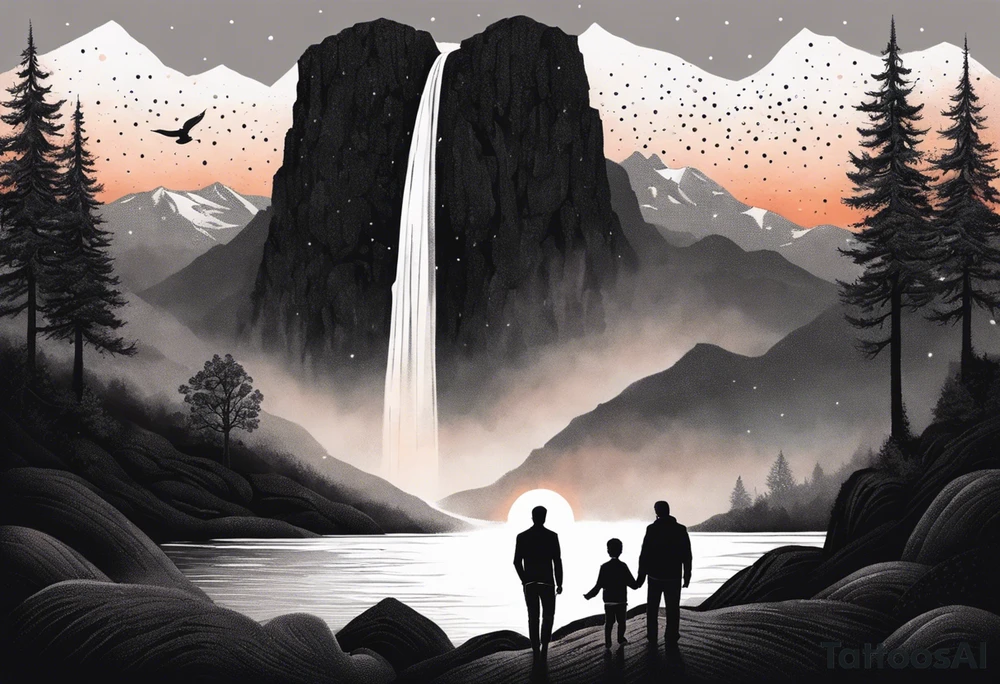 a father and son in the mountains with  a waterfall and cross in the background and a sunset tattoo idea