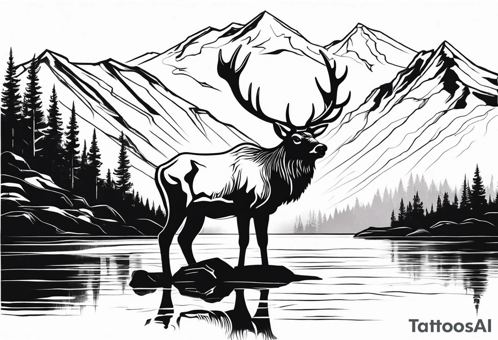 majestic elk near a lake, with mountains in the background tattoo idea