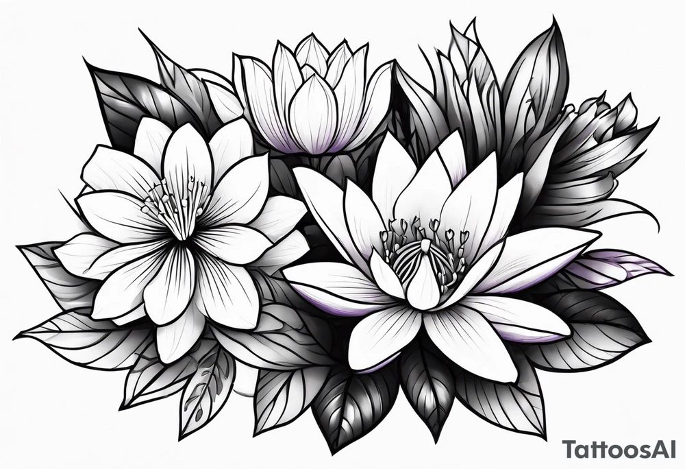 simple flower bouquet with 1 violet, 1 water lilly, and 1 holly tattoo idea