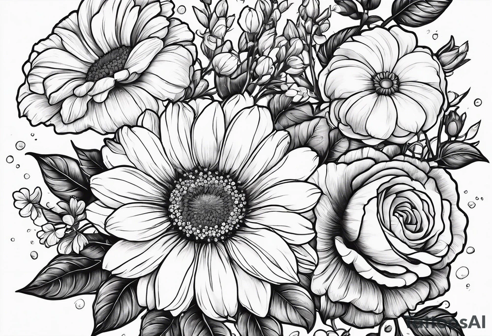 Roses, marigolds, cosmos, daisies, sweet peas and sunflowers vines long lines in a long line tattoo idea