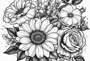 Roses, marigolds, cosmos, daisies, sweet peas and sunflowers vines long lines  in a long line tattoo idea