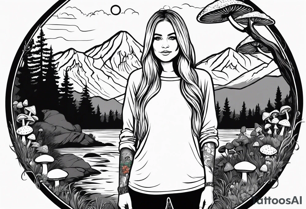 Whole picture encircled fully

Straight long blonde hair hippie girl in distance holding mushrooms in hand facing away toward mountains and creek surrounded by mushrooms long sleeve shirt and hiking pants; whole rendering within a full circle, no cut off circle tattoo idea